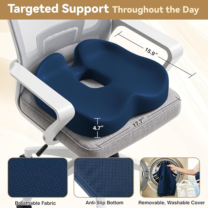 TushGuard 5-Zone Ergonomic Seat Cushion with Coccyx Cutout, Blue | Office Chair Cushions for Tailbone Pain, Non-Slip Bottom, Breathable Washable Mesh, Versatile Use for Car, Office, Wheelchair