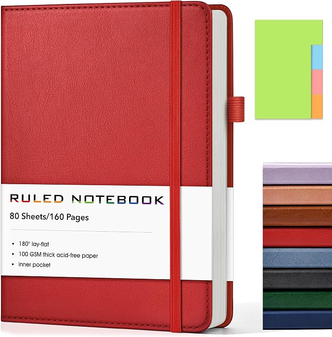 Lined Journal Notebook, A5 Hardcover Leather Journals for Writing, 160 Numbered Pages, 5.7'' x 8.3'' Journaling Notebooks for Men Women, Thick Paper College Ruled Journal for Work Office School, Red