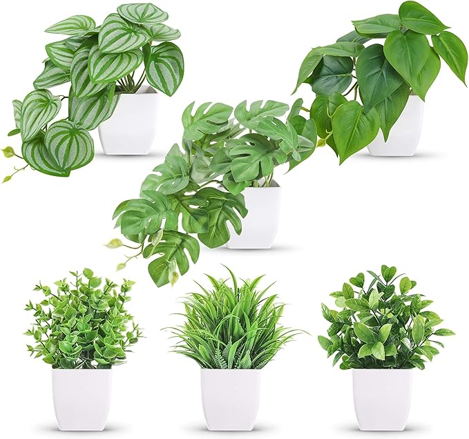 Der Rose 6 Pcs Mixed Small Fake Plants Modern Mini Potted Artificial Plants Indoor with White Pots for Bathroom Shelf Office Desk Bedroom Kitchen Decor
