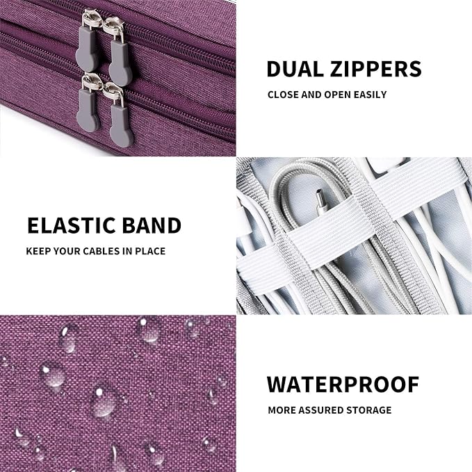 Lanola Travel Cable Organizer Bag, Electronic Accessories Case Portable Double Layer Cable Storage Bag for Cord,phone,Charger, Flash Drive, Phone, SD Card,Personal Items - (Purple)