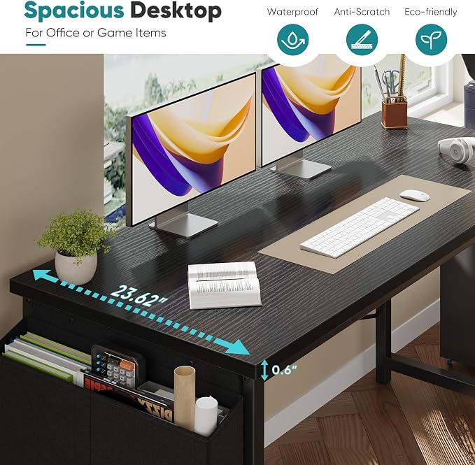 OLIXIS 63 Inch Computer Desk for Home Office, Writing Study Craft Gaming Table, Modern Computer Workstation with Storage Bag and Headphone Hook for Bedroom Small Spaces, Black