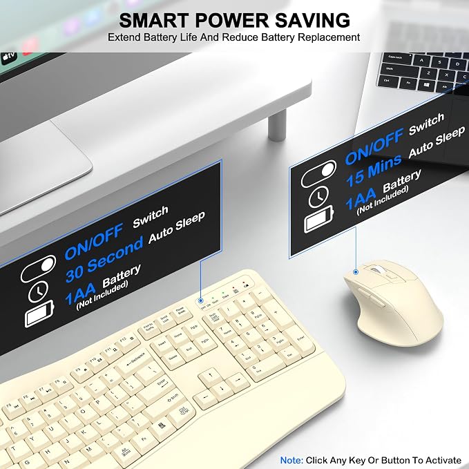 Wireless Keyboard and Mouse Combo, 2.4G Full Size Wave Keys Ergonomic Keyboard with Wrist Rest and 3-Level DPI Adjustable Wireless Ergonomic Mouse for Windows, Mac OS Desktop/Laptop/PC(Latte)