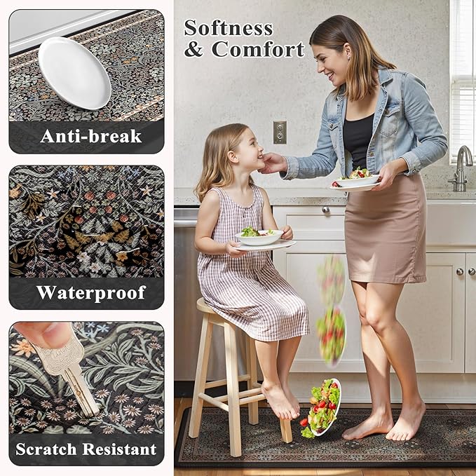 Collive Kitchen Mats for Floor, Cushioned Anti Fatigue Mat Floral Rugs 2 Piece Non Skid Waterproof Sink Rug, Memory Foam Comfort Standing Mat for Office, Laundry, Desk, Black/Mulit