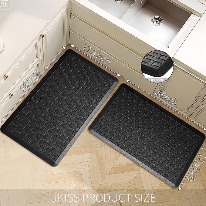 2PCS UKISS Kitchen Rugs, Cushioned Anti Fatigue Kitchen Mats for Floor, Waterproof Kitchen Rug，Non-Slip Comfort Standing Mat for Kitchen (Black, 17.3"x28"+17.3"x28")