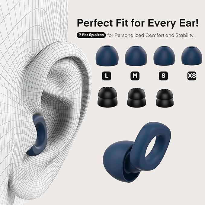 Fita+ Soft Reusable Ear Plugs for Noise Reduction up to 33dB, 7 Pairs XS/S/M/L, Soft Silicone Ear Plugs for Sleeping, Noise Cancelling for Work, Focus - Navy Blue