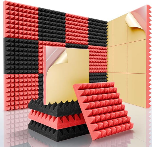 Sonicism Soundproof Wall Panels Self-Adhesive Pyramid 36 Pack,2" X 12" X 12" Acoustic Panels High Density Sound Proof Foam Panels for Walls Fast Expand,Sound Absorption & Decoration(Black/Red)