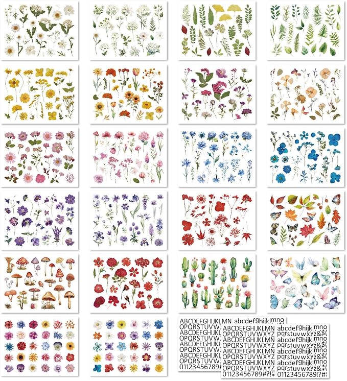 500Pcs Natural Flower Stickers with 260Pcs Letter Stickers,Self-Adhesive Flower Sticker for Scrapbooking Supplies Junk Journal Bullet Journal Planner Laptop
