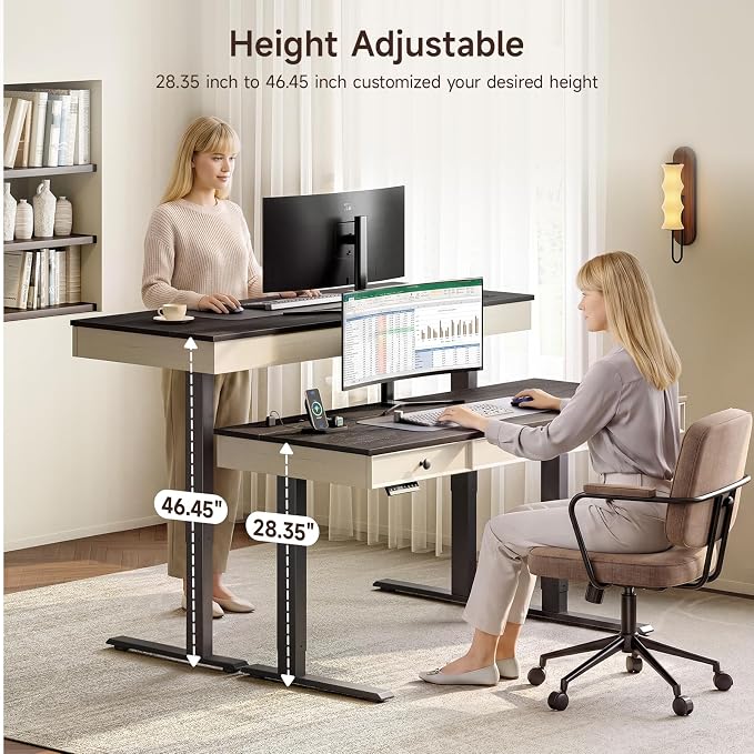 55 Inch Electric Standing Desk with 3 Drawers, Home Office Desk, Black | Computer Desks Retro Corner Table & Drawers, Height Adjustable Stand Up Desk with Storage & Outlets for Computer Workstation