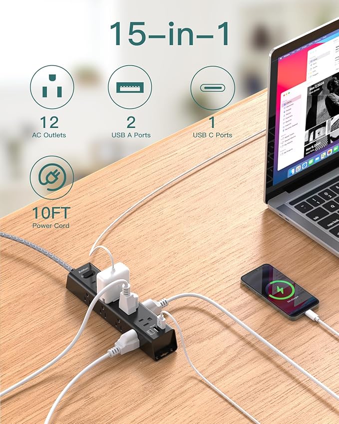 Surge Protector Power Strip - 10 FT Extension Cord, Power Strip with 12 Widely AC Outlet 3 USB, Flat Plug Wall Mount Overload Protection, 1050J, Desk Charging Station for Home Office, ETL Listed,Black