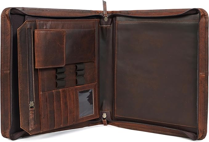 Leather Portfolio for Men, Portfolio Organizer with Zipper for Men Women, Leather Padfolios Business Resume Legal Pad Notebook Binder for A4/Pad (Brown)