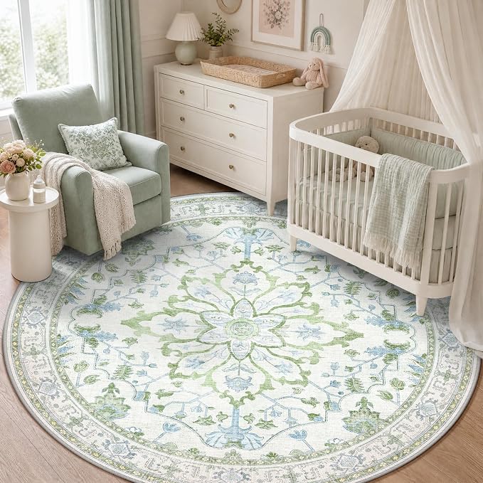 RELEANY Area Rugs Round 5ft Washable Non-Slip, Floral Vintage Distress Medallion Carpet for Living Room Bedroom Dining Room, Green White Blue