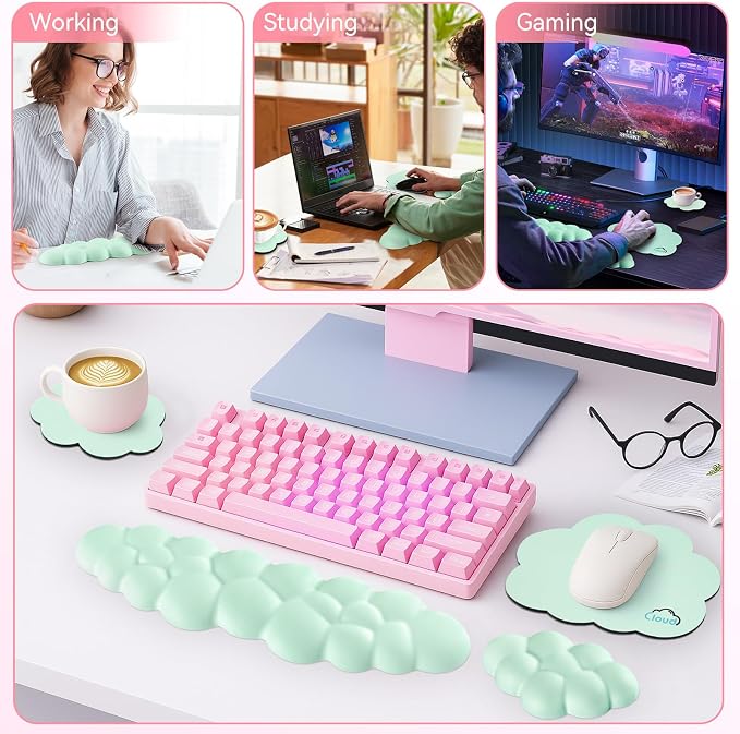 Sushret Cloud Wrist Rest for Computer Keyboard, 4-in-1 Memory Foam Leather Cloud Keyboard Wrist Rest and Mouse Pad Set with Ergonomic Support for Arm and Palm Cushion, Gaming/Work Setup, Light Green
