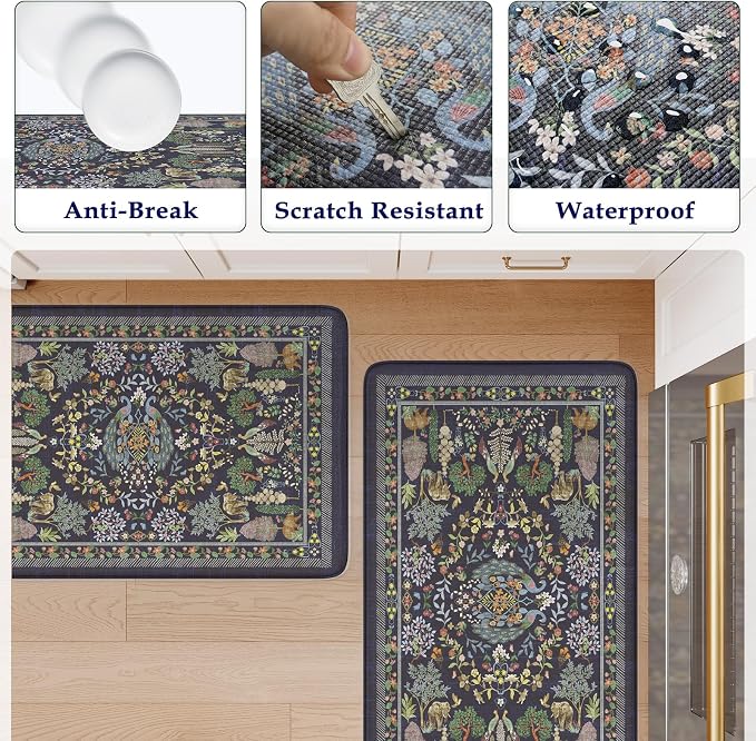 KIMODE Anti Fatigue Kitchen Mats for Floor 17"x47"+17"x29", Dark Blue Vibrant Floral Kitchen Rugs, Non Slip Waterproof Kitchen Floor Mats, Comfort Standing Mats for Laundry Office Sink Desk