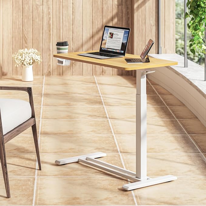 SANODESK 32'' Mobile Standing Desk with Hidden Wheels,Pneumatic Laptop Desk | Sofa Computer Cart Movable Height Adjustable Table Small Sit Stand Desk for Home Office Hospital Use,31.5" W x 17.7" D,Maple