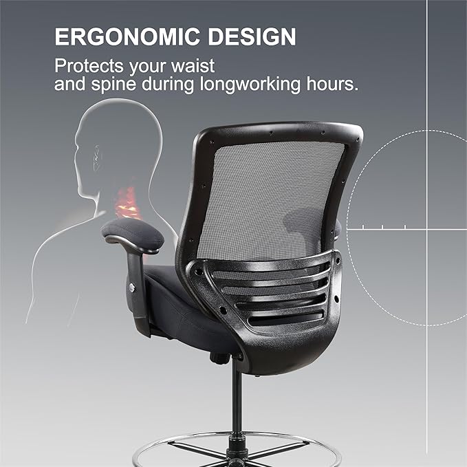 400lbs Office Drafting Chair Wide Dual Seat Cushion Height Adjustable Armrest for High Standing Desk with Lumbar Support and Enlarged Adjustable Footrest (Black Frame Gray Fabric)
