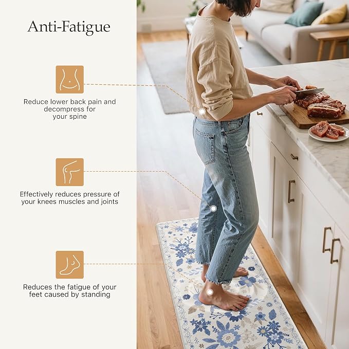 GENIMO Anti Fatigue Kitchen Mats for Floor 2PCS, Cushioned Standing Mats | 17.3"x47"&17.3"x30", Beige Blue vintage floral rug set, waterproof, non slip, easy-clean for farmhouse