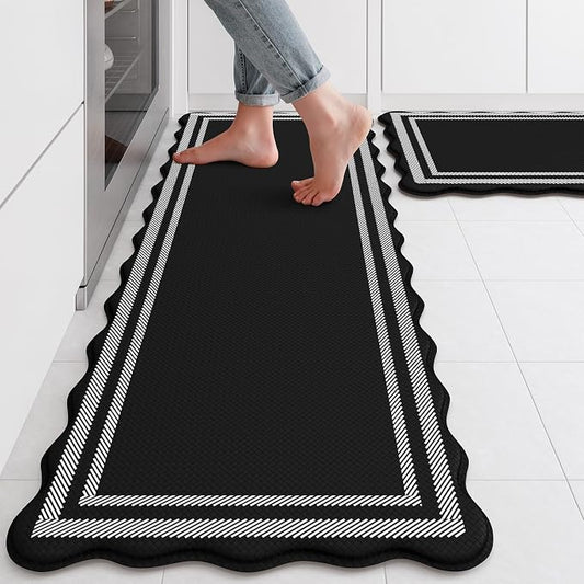 KIMODE Kitchen Mats Cushioned Anti Fatigue,Farmhouse Kitchen Rugs Sets of 2 | Black Scalloped Rugs, Runner Rug Non Slip, Comfort Standing Desk Mat for Laundry Office Bathroom Sink Dorm 17"x47"+17"x29"
