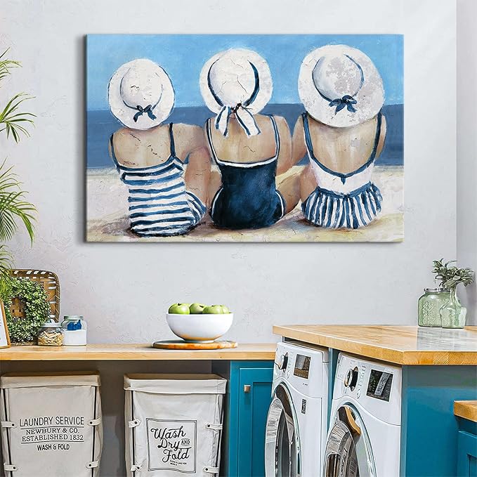 Coastal Beach Girls Wall Art Vintage Ocean Pictures Beach Wall Decor for Bathroom Bedroom Navy Blue and White Swimsuit Canvas Paintings Girl Friends Sun Bathing Artwork Living Room Home Decoration
