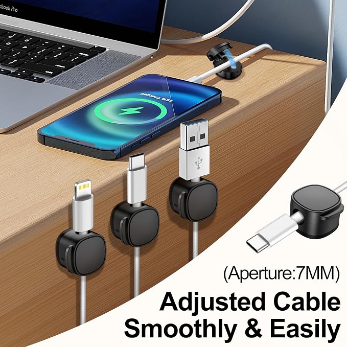 6 Pack,Magnetic Cable Clips & Silicon Cable Ties Cable Organizer | [Cable Smooth Adjustable Under Desk Organizer],Cable Management,Cord Holder-Desk Stand Holding,Adhesive Home Cable Keeper
