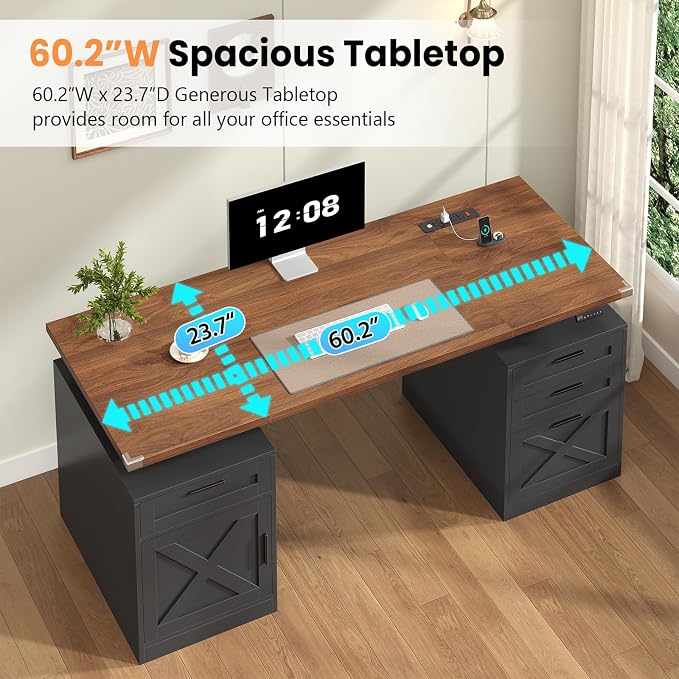 YOMILUVE 60" Farmhouse Electric Standing Desk with Drawers for Home Office | Height Adjustable Computer Desk with 4 Drawers & Storage Shelves, Wood Sit Stand Desk with Power Outlets for Work, Study
