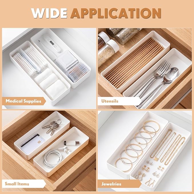 Teling 2 Pcs White Plastic Desk Organizer Tray Shallow Drawer Pencil Tray Tabletop Organizer for Office, Home, or Study 9.45x2.95x1.38 Inch