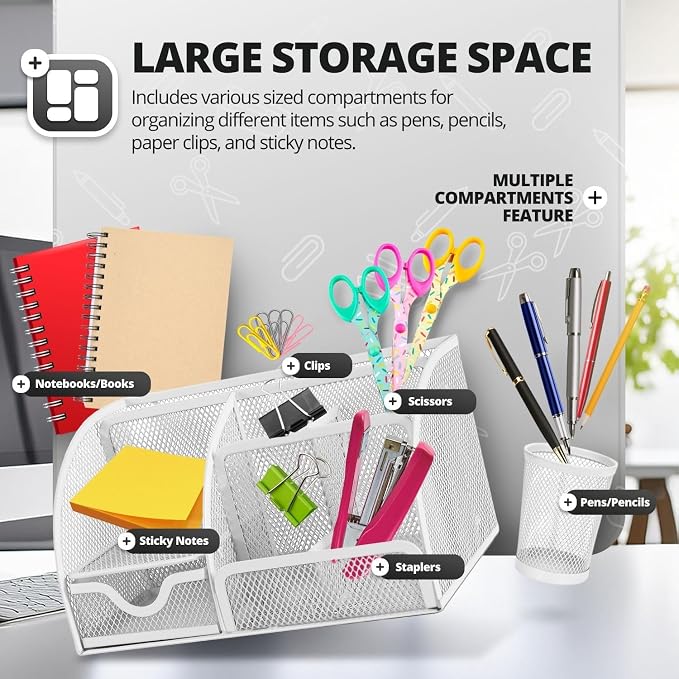 Flexzion Desk Caddy Organizer Set (White) - Metal Mesh Desktop Caddy with Drawers, 6 Compartments, and Pencil Holder for Women & Men - Desktop Organizer and Storage for Work or Office Supplies | Compact Desktop Caddy with Separate Pen Holder; 8.7 X 5.5...