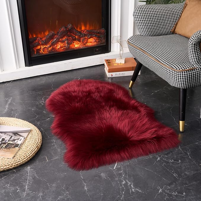 EasyJoy Ultra Soft Fluffy Shaggy Area Rug Faux Fur Rug Chair Cover Seat Pad Fuzzy Area Rug for Bedroom Floor Sofa Living Room (2 x 3 ft Sheepskin, Burgundy)