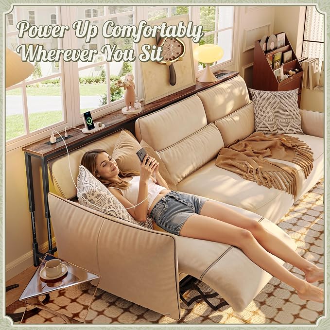 Huuger 86.6 Inch Sofa Table with Power Outlets, 23.9’’-34.4’’ Height Adjustable Range, Behind Couch Table with USB-C Ports, Sofa Tables Narrow Long, Skinny Console Table, Small Spaces, Rustic Brown