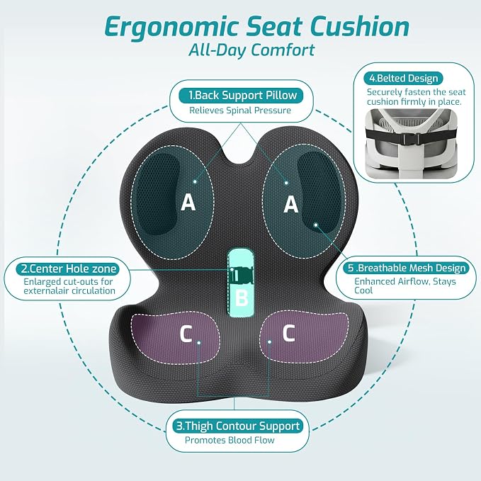 Trucker Seat Cushion, Thick Car Seat Cushions with Lumbar Support Pillow, Ergonomic L-Shaped Orthopedic Memory Foam for Long Driving Lower Back Pain Sciatica Relief, Gift for Drivers (Black+ Gray)