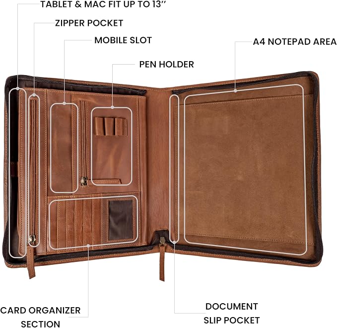 LEATHER VILLAGE Leather Portfolio Organizer - Professional Business Padfolio for Men & Women - Stylish Document Card Holder, Folio for A4/Letter Size Writing Legal Pad, Tan