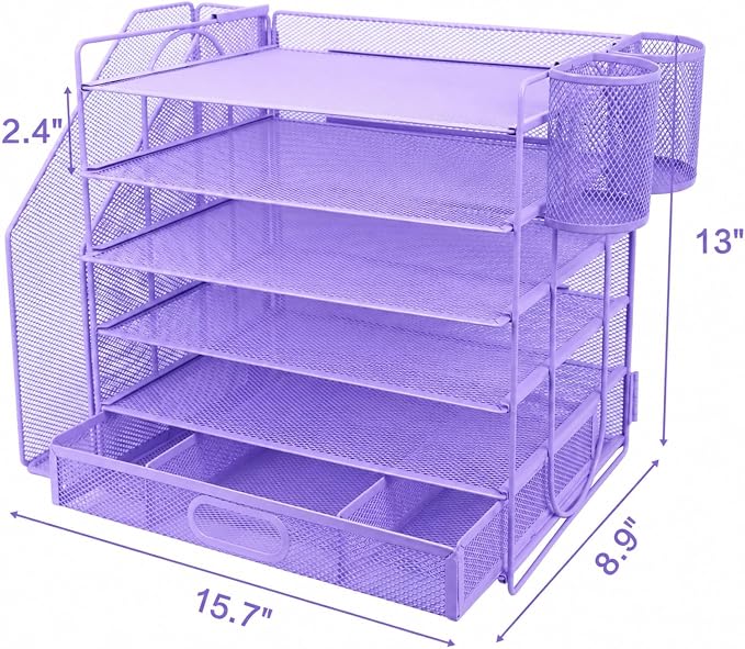 Desk Organizers and Accessories with File Holder, 6-Tier Paper Letter Tray Organiser with Drawer and 2 Pen Holder, Mesh Desktop Document Organizer for Office Supplies, Workspace - Purple
