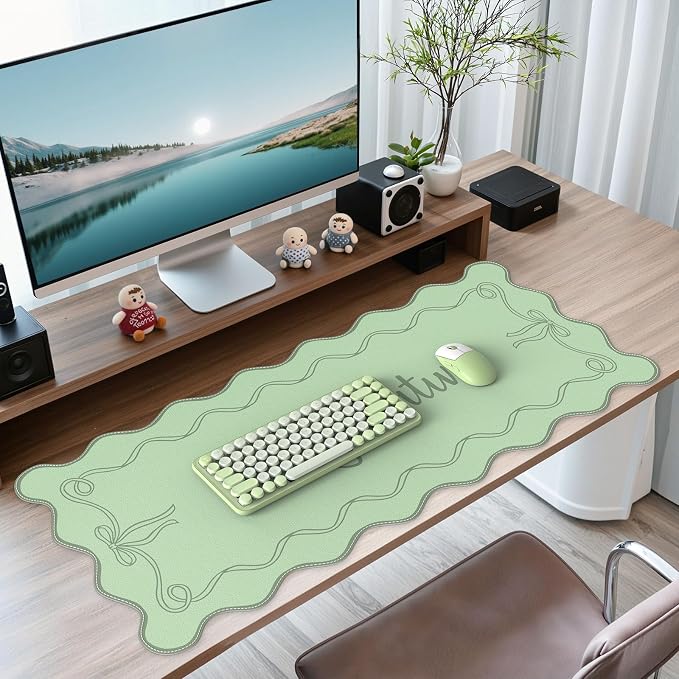 iCasso Green Scalloped Desk Cover Mat, Extra Large Mouse Pad, PU Leather Desk Pad Mat,Waterproof Writing Blotter for Desktop Protector, Non-Slip XXL Big Mousepad for Computer Office Dorm-Bow