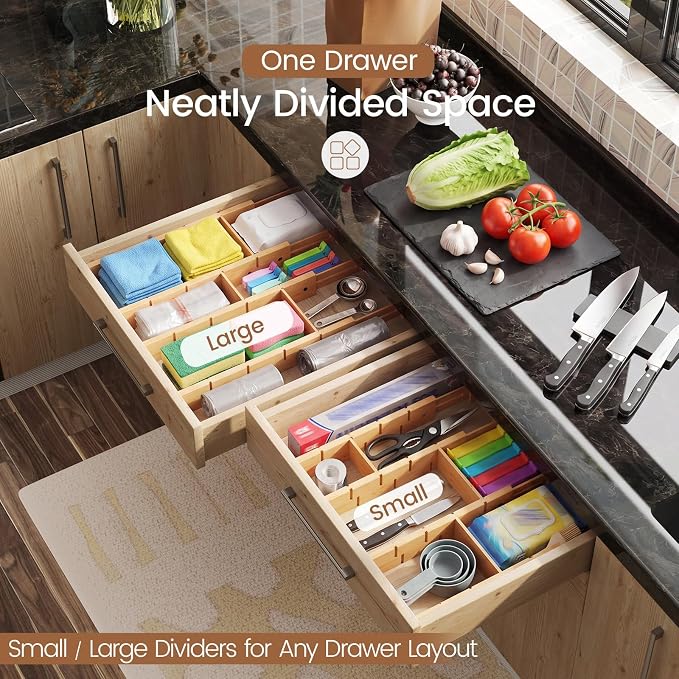 Bamboo Drawer Dividers 8 Pack with Inserts, Kitchen Adjustable Drawer Organizers for Home, Bedroom, Dresser, Expandable Organization 8 Dividers with 16 Inserts