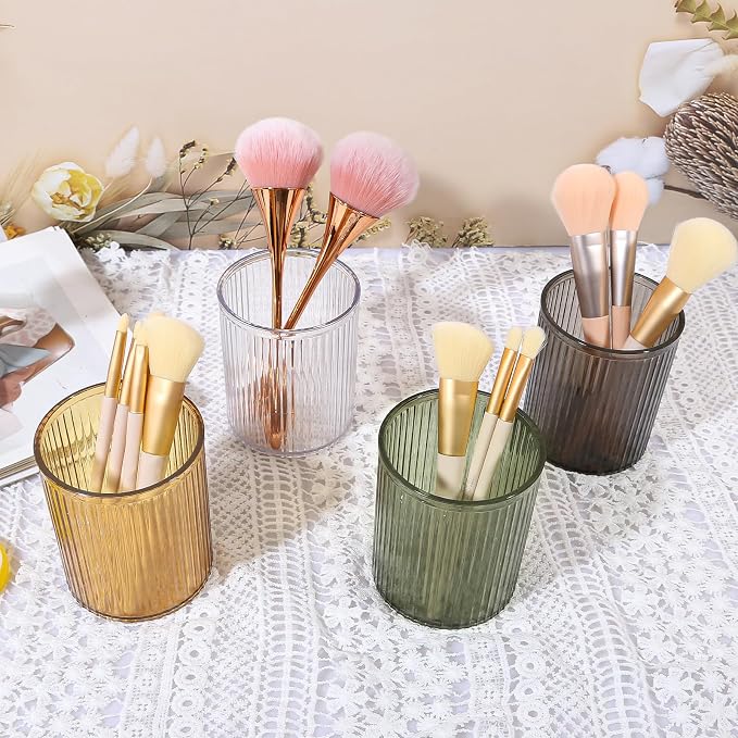 DASITON Makeup Brush Holder Organizer, Acrylic Makeup Brush Cup, Vintage Striped Make Up Brush Holder for Vanity, Bathroom Countertop, Toothbrush Holders, Pen Holder for Desk Storage (Green)
