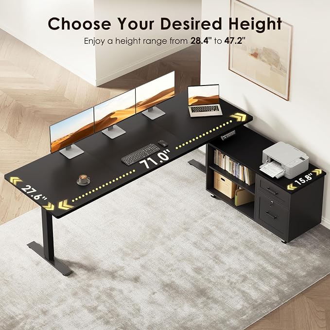 OffiGo 71 Inch L Shaped Electric Standing Desk with File Cabinet, Black | Mobile Drawers & File Cabinet for Flexible Layout, Height Adjustable Executive Stand Up Desk for Home Office Workstation