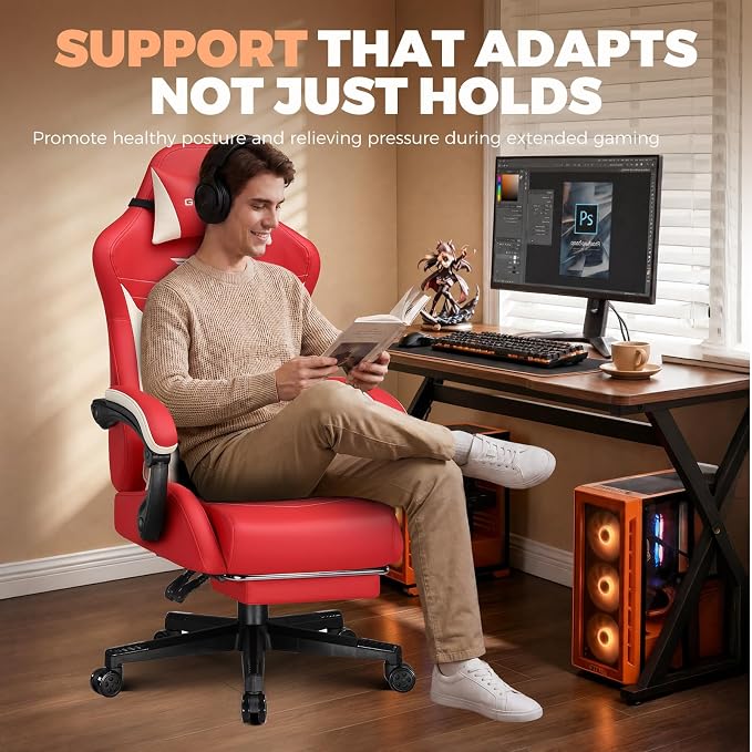 GTPLAYER Gaming Chair with Footrest, Ergonomic Office Chair 400lbs Heavy Duty, Big and Tall Computer Desk Chair with Lumbar Support and Headrest, Faux Leather 90-155° Recline Red