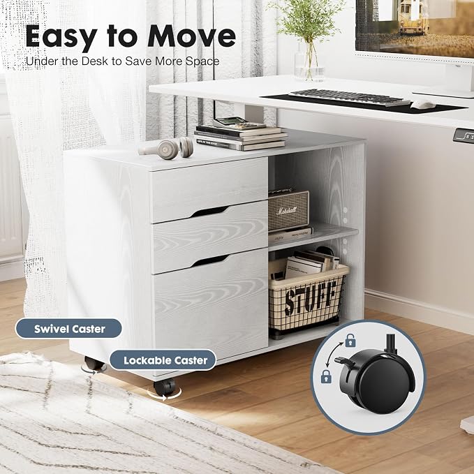 DUMOS Wood File Cabinet with 3 Drawers, Rolling Printer Stand | Under Desk Storage Organizer Home Office Space with Shelves for Files and Office Supplies, White