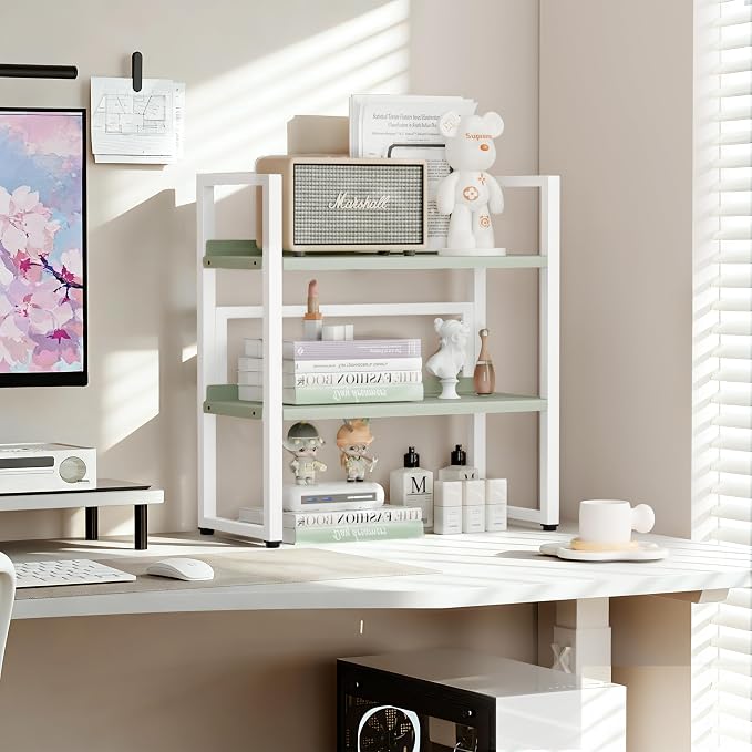 Brakki Desk Shelf Organizer, 2-Tier Desktop Bookshelf, Small Office Shelf | Adjustable Shelf, Metal Desktop Rack for Dorm, with Foot Mat, Multi-Functional Organization, White and Green