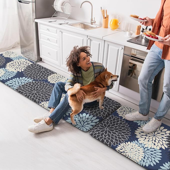 KIMODE Anti Fatigue Kitchen Mats for Floor Cushioned Kitchen Rugs Sets of 2 | 17"x59"+17"x29",Floral,Blue,Non-slip,Waterproof,Kitchen Runner Rug,Comfort Foam Paded Mat for Floors Office Laundry Sink