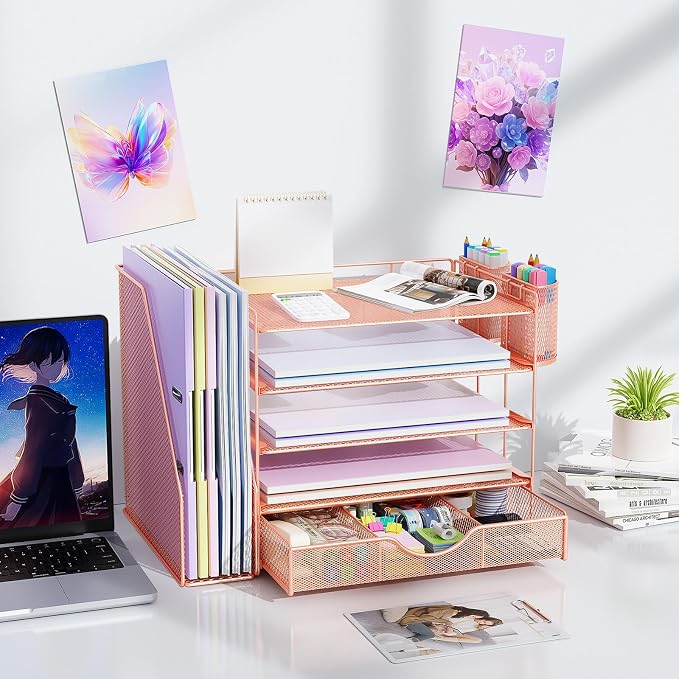 gianotter 5-Tier Desk Organizer with Drawers and File Holders | Letter Trays and Pen Holders - Workspace Accessories for Office Supplies (Rose Gold)