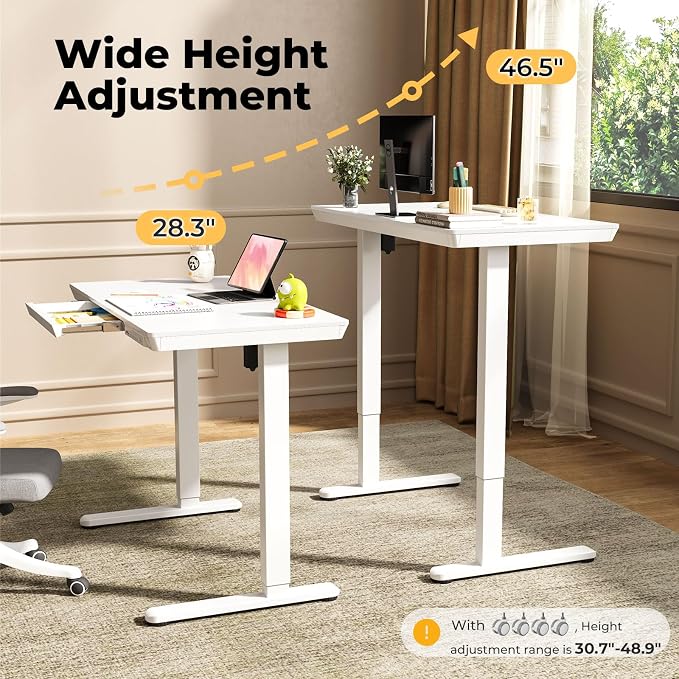 Electric Standing Desk with Drawer, 40" x 20" Whole Piece Tabletop Samll Sit Stand Desk, Height Adjustable Desk with Storage & USB Ports, Quick Install Home Office Computer Desk, White