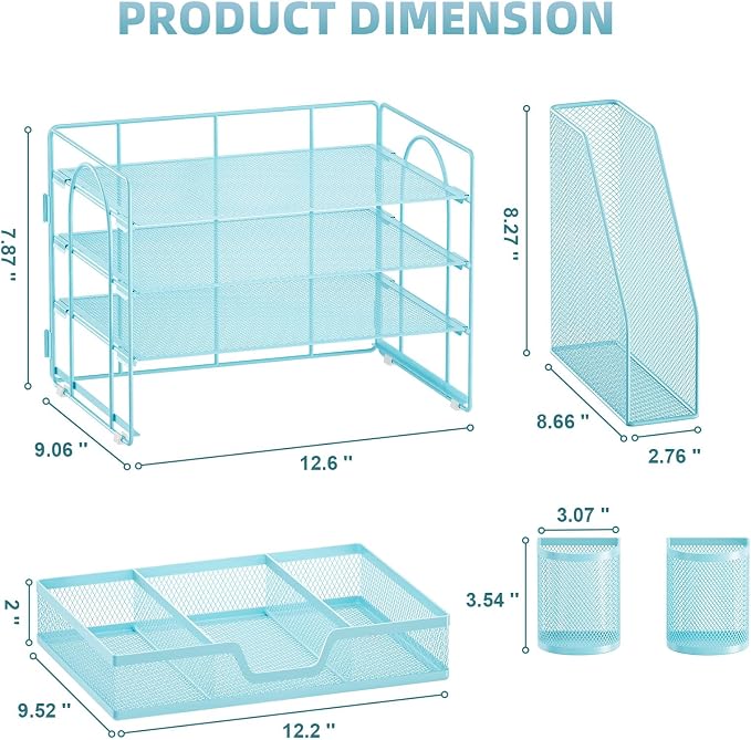 Marbrasse 4-Tier Paper Tray Organizer with Drawer and Pen Holder, Blue | Metal Mesh Desk Organizer, Built-in Drawer & 2 Pen Slots, fits letters/Files, for School Home Office Supplies