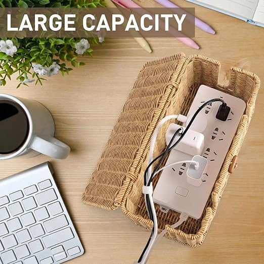 2 Pcs Rattan Cable Management Box, Large Cord Organizer Box with Lid Under Desk Router Hider with 4 Exits, Wire Boxes Hider for TV Wires Computer Surge Protector USB Hub Power Strip(Natural)