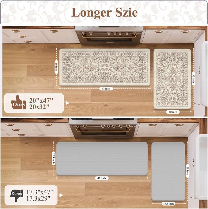 KIMODE Anti Fatigue Kitchen Mats for Floor Cushioned Kitchen Rugs Sets of 2 | 17"x59"+17"x29",Vintage Floral,Khaki,Non-slip,Waterproof,Kitchen Rug,Comfort Foam Paded Mat for Floors Office Laundry Sink