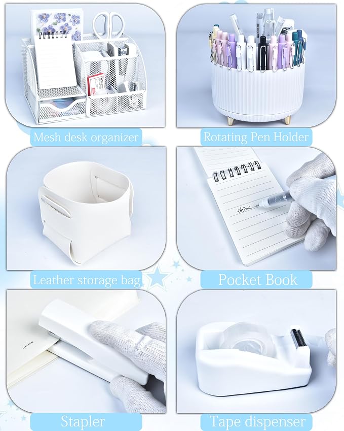 White Desk Accessories and Organizers with Desk Organizer and 360°Rotating Pen Holder stapler Pen and a Lot of Office White Office Supplies Beautifully Presented in a Gift Box