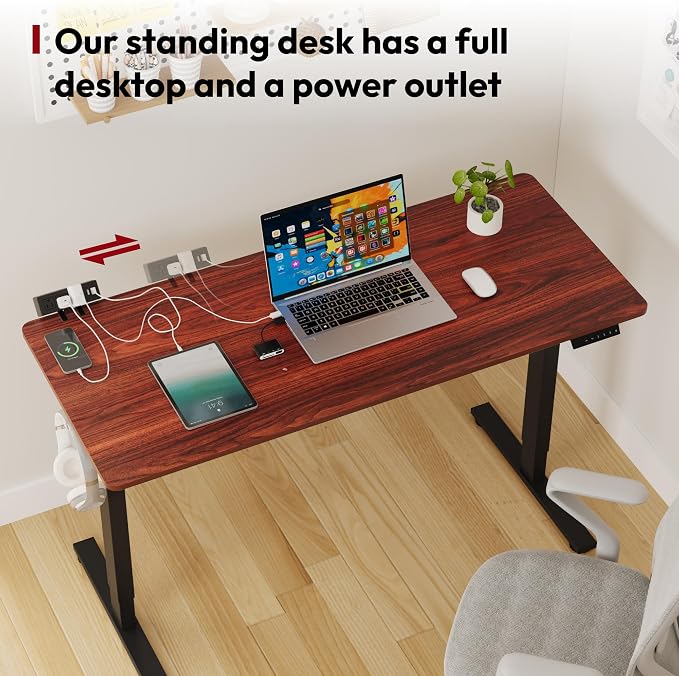 SANODESK Electric Standing Desk with Clamp Power Strip 60"x 24" Whole-Piece Desktop Height Adjustable Stand Up Desk with Cable Management Home Office Desk Black Frame/Mahogany Top