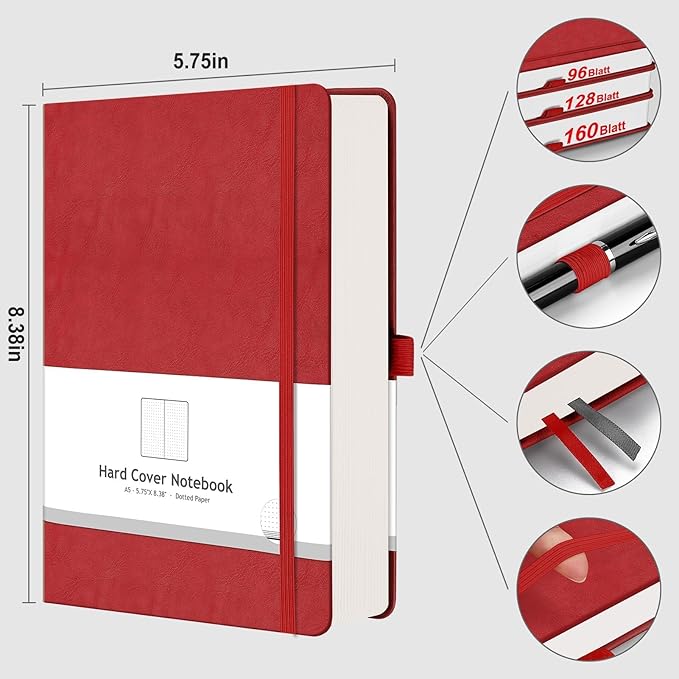 AHGXG Dotted Journal - 320 Numbered Pages Dot Grid Notebook A5 Thick Journal, 100gsm Thick Dotted Paper, Leather Hardcover,Inner Pocket, 5.75'' × 8.38'', Red