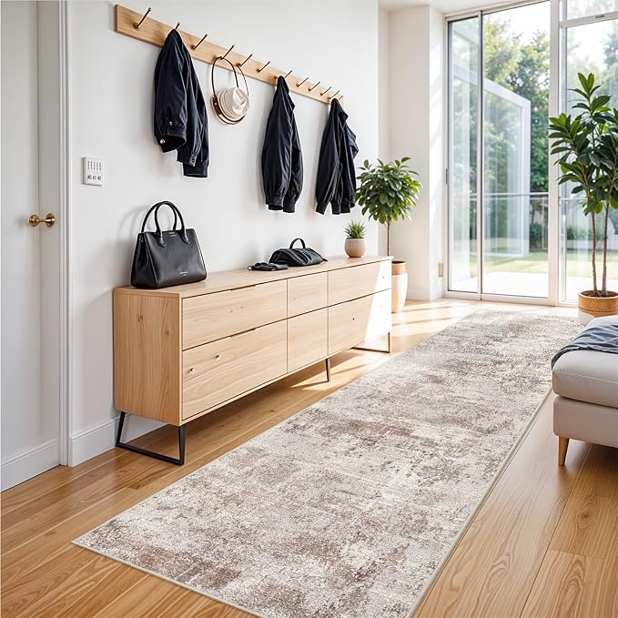 RUUGME Hallway Runner Rug 3x8: Washable Non Slip Kitchen Runner Rug Low Pile Stain Resistant Carpet Runners for Bedroom Entryway - Soft Throw Wide Floor Mat for Cottage Core Decor (3x8 Brick-Beige)