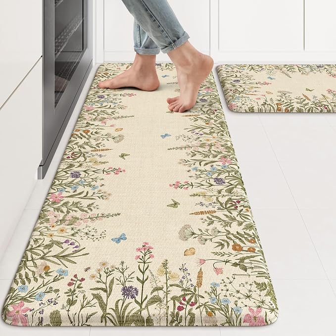KIMODE Kitchen Mats Cushioned Anti Fatigue 17"x47"+17"x29", Farmhouse Kitchen Mats for Floor 2 Piece, Padded Kitchen Floor Mats Non Slip, Cream Wildflower Standing Mat for Laundry Bath Sink Office