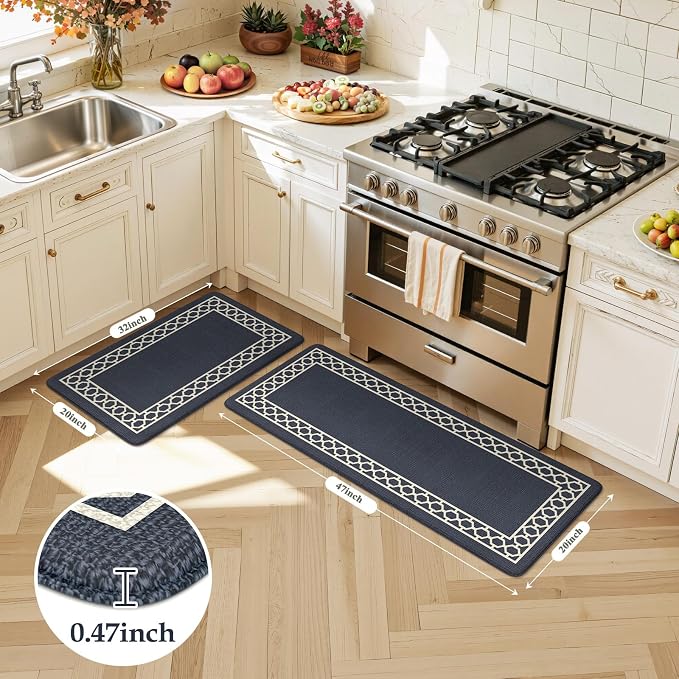 LEEVAN Anti Fatigue Kitchen Mats for Floor, Cushioned Kitchen Mat Set 2PCS | 20"x31"+20"x47", Boho Navy Blue Kitchen Rugs Non-Slip Comfort, Waterproof Ergonomic Standing Mats for Laundry, Office & Sink